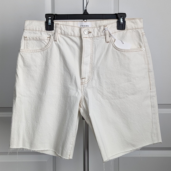 Frame Denim Shorts Le Slouch Bermuda Length Raw Cut Hem Loose Fit Ecru 29 NWT - Picture 1 of 14